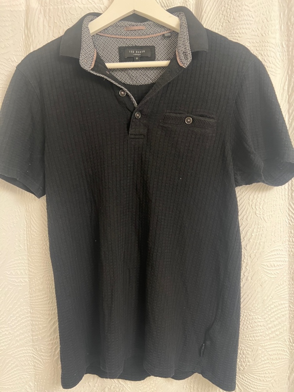 Ted Baker Black Ribbed Polo Shirt Men's Short Sleeve Designer Contrast Collar